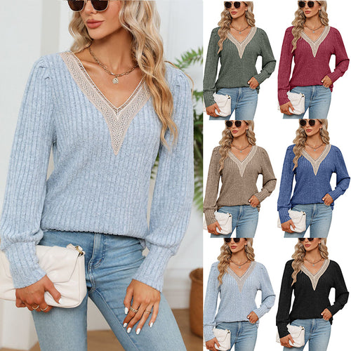 Damen Strickpullover mit tiefem V-Ausschnitt und Häkel-Details Heidi-Mode