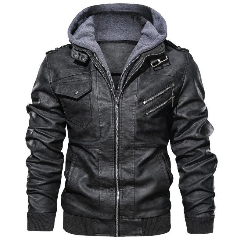 Herren Lederjacke im modernen Biker-Stil mit abnehmbarer Kapuze Heidi-Mode