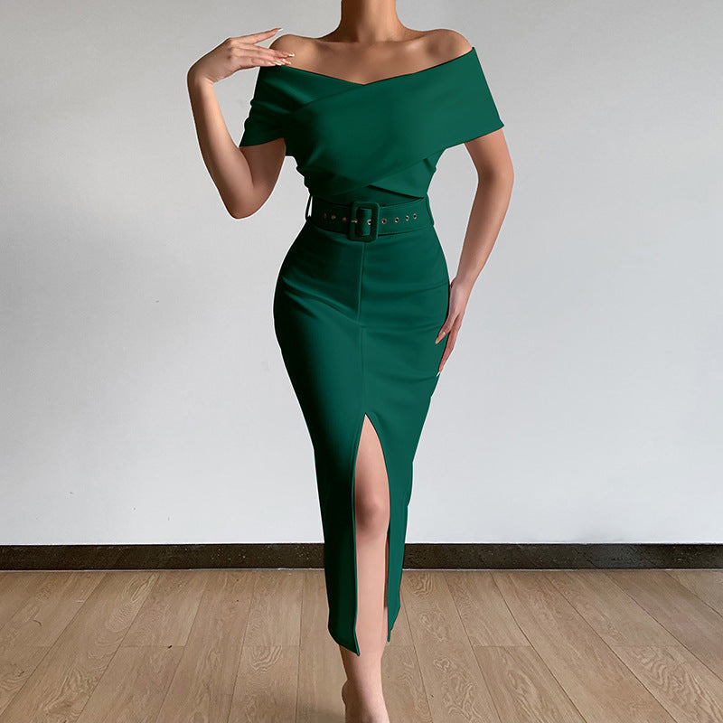 Damen Etuikleid mit schulterfreiem Design und hohem Schlitz Heidi-Mode