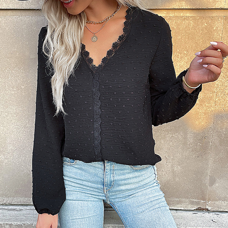 Damen Bluse mit feinen Strukturdetails und romantischem Spitzeneinsatz Heidi-Mode