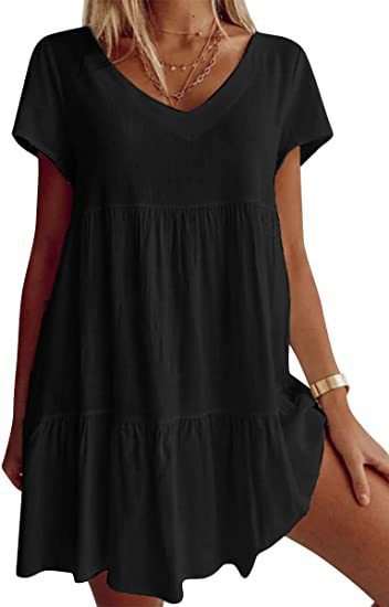 Damen lässiges und leichtes Sommerkleid mit V-Ausschnitt und voluminösem Rock Heidi-Mode