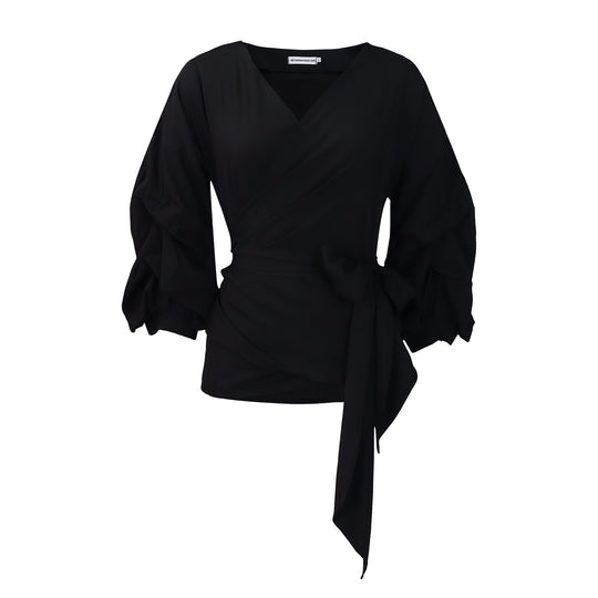 Damen Wickelbluse mit voluminösen Ärmeln und eleganter Schleifenbindung Heidi-Mode