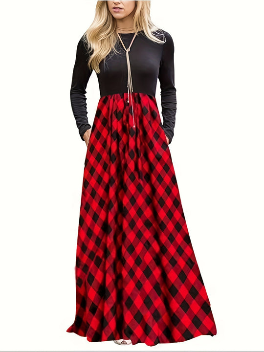 Damen Maxikleid mit modernem Karomuster und langen Ärmeln Heidi-Mode