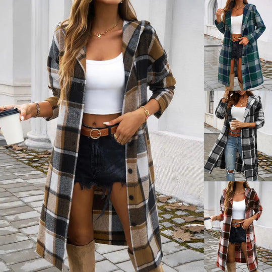 Damen Karierter Mantel mit moderner Schnittführung und praktischem Taschen-Design Heidi-Mode