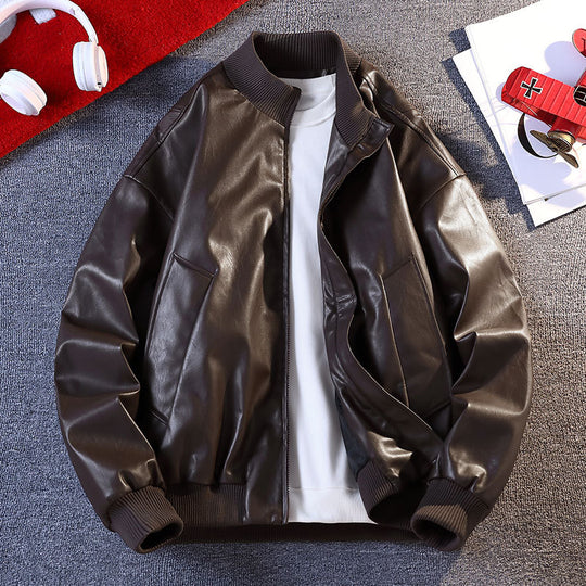 Herren Kunstleder Bomberjacke mit elastischen Rippbündchen und praktischen Taschen Heidi-Mode