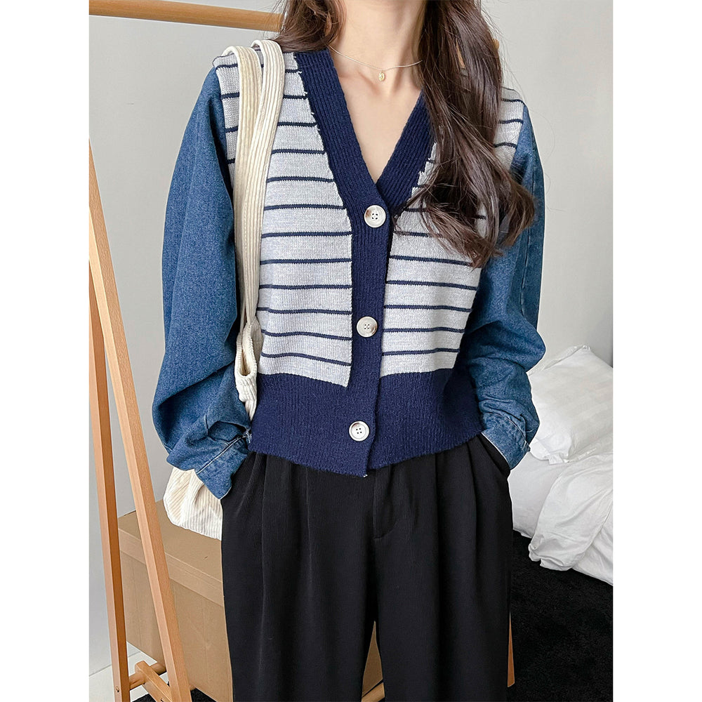 Damen modische Strickjacke mit modernen Streifen-Design und Raglanärmeln Heidi-Mode