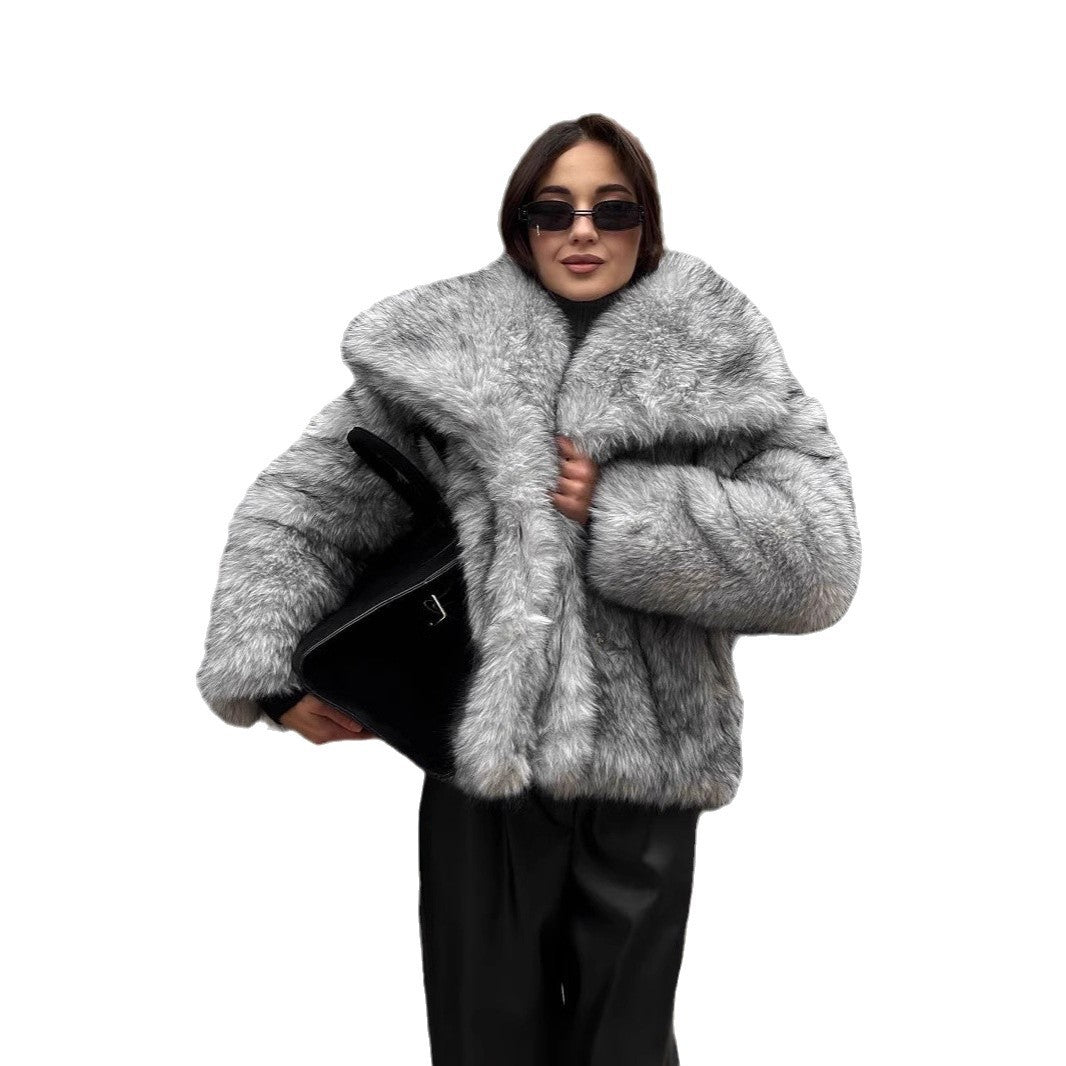 Damen elegante Kunstfelljacke mit voluminösem Kragen und verschließbaren Taschen Heidi-Mode