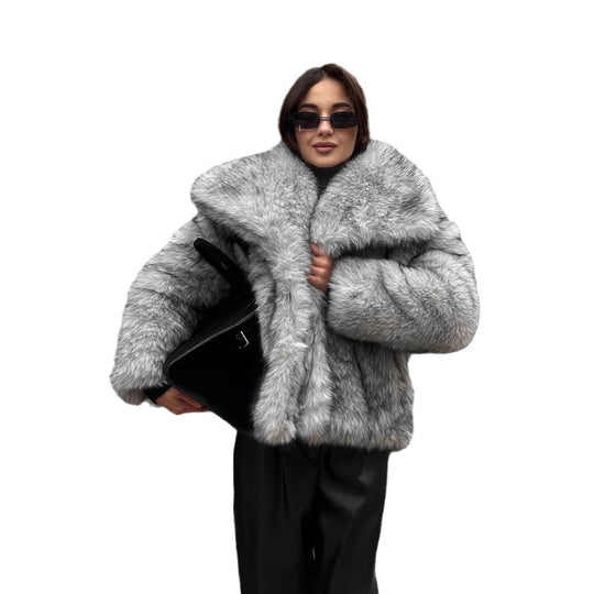 Damen elegante Kunstfelljacke mit voluminösem Kragen und verschließbaren Taschen Heidi-Mode
