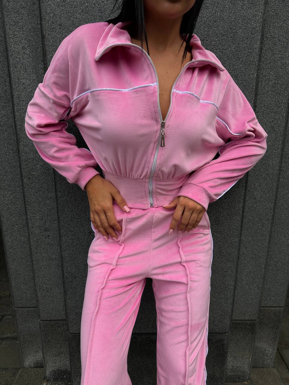 Damen sportliches Cropped Fleece-Set mit hohem Kragen und Reißverschluss Heidi-Mode