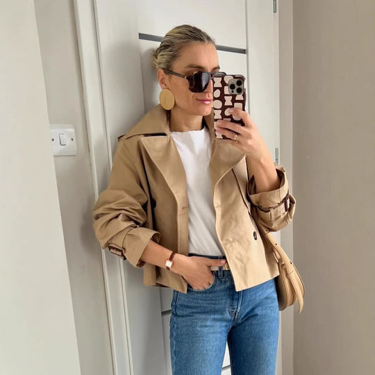 Damen cropped Trenchjacke mit exklusivem Schnitt und praktischen Taschen Heidi-Mode