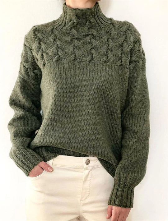 Damen Grobstrickpullover mit Stehkragen und Zopfmuster Heidi-Mode