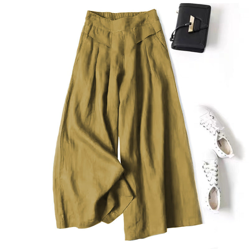Damen Weit geschnittene Leinenhose mit hohem Bund und eleganten Falten Heidi-Mode