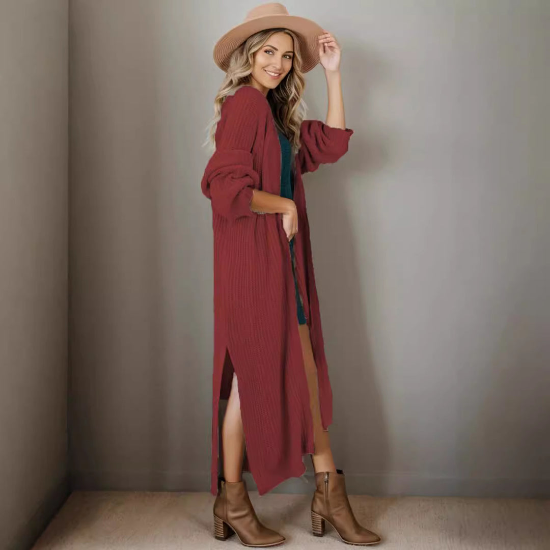 Damen lange Strickjacke in lässiger Rippstruktur mit offenen Ärmeln und Taschen Heidi-Mode