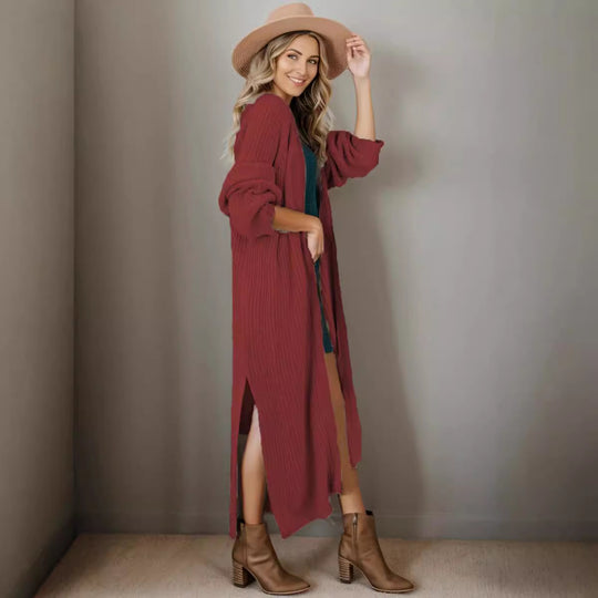 Damen lange Strickjacke in lässiger Rippstruktur mit offenen Ärmeln und Taschen Heidi-Mode