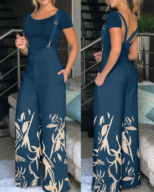 Damen modische Latzhose mit weitem Bein und buntem Grafikdesign Heidi-Mode