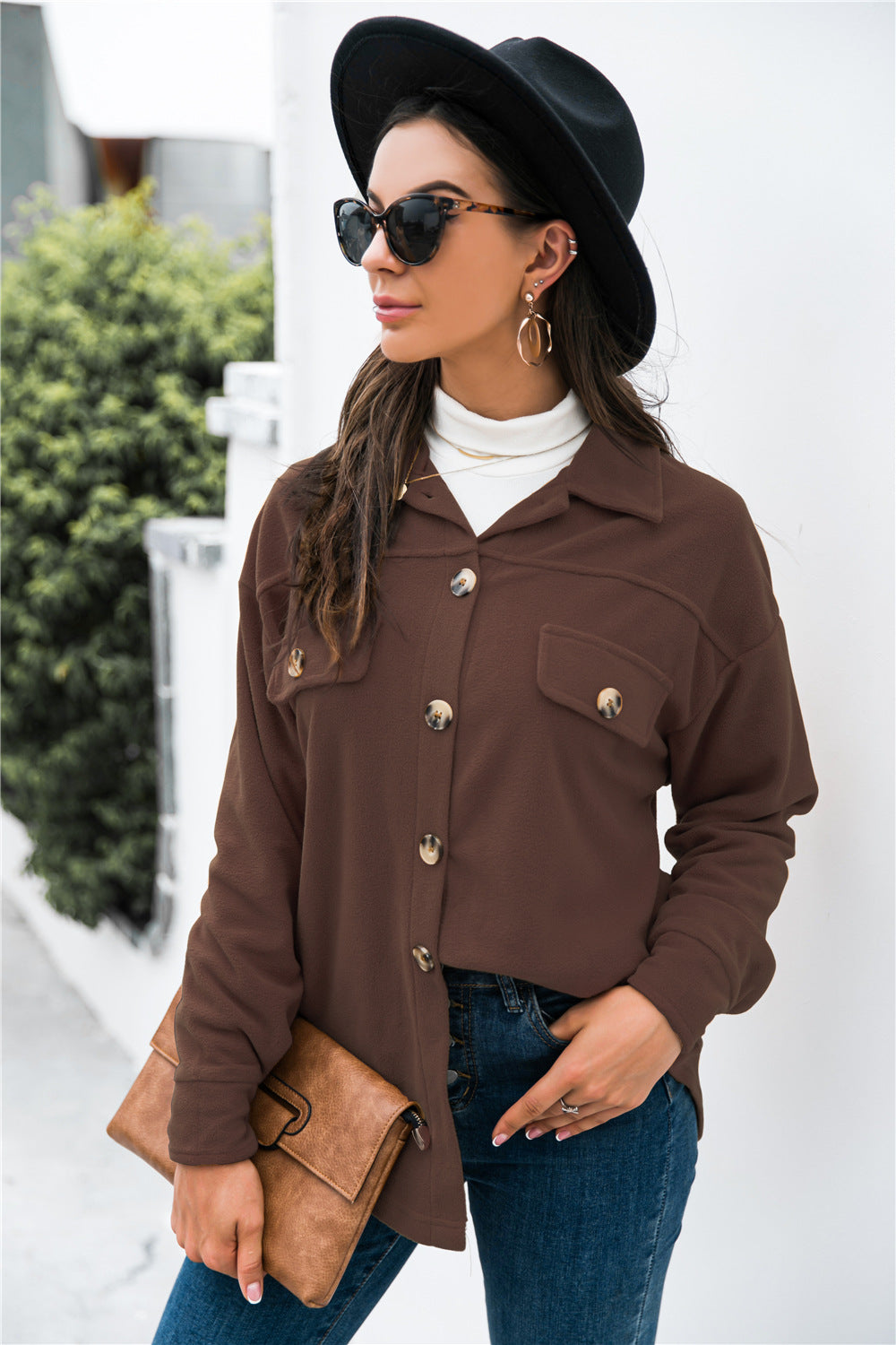 Damen oversize Blusenjacke aus weichem Fleece mit Knopfleiste und Brusttaschen Heidi-Mode
