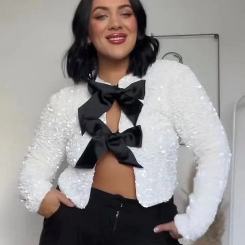 Damen Elegante Jacke mit Paillettenbesatz und Schleifen-Detail Heidi-Mode