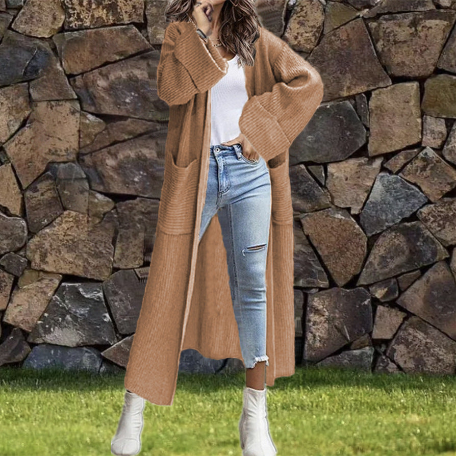 Damen Lange Strickjacke mit modischer Struktur und praktischen Taschen Heidi-Mode