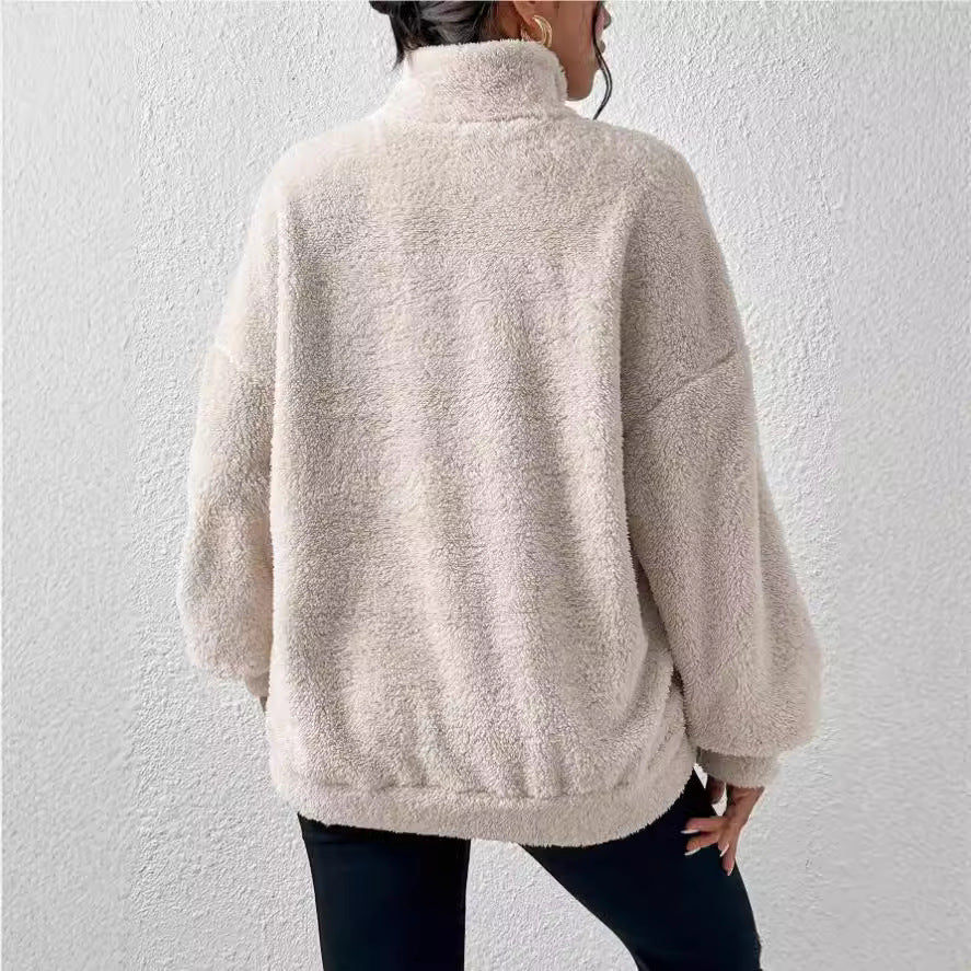 Damen Kuscheliger Fleece-Pullover mit Stehkragen und Eingrifftaschen Heidi-Mode