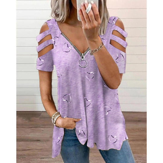 Damen V-Ausschnitt T-Shirt mit Cut-Outs und Herzdesign Heidi-Mode