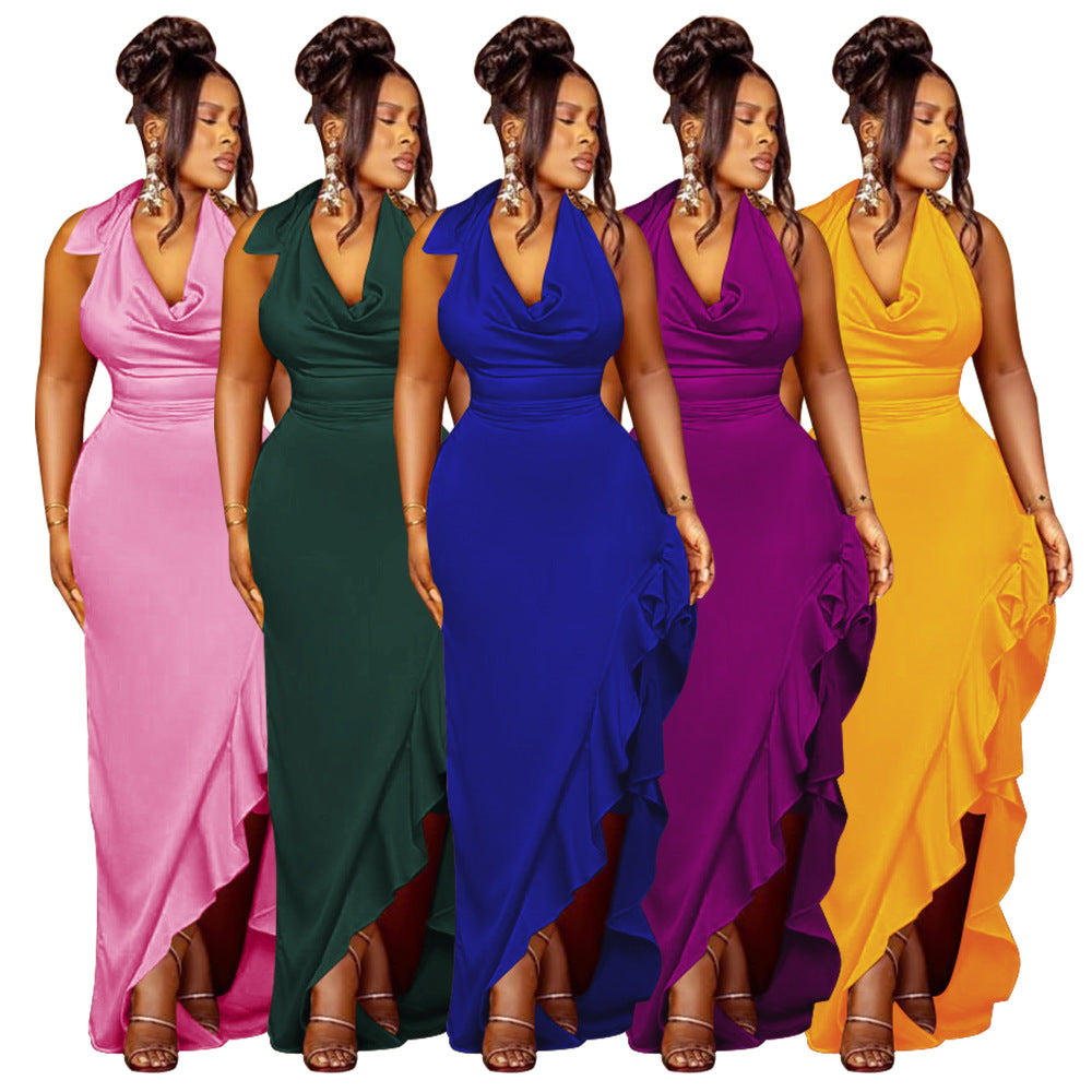 Damen Satin Abendkleid mit tiefem V-Ausschnitt und asymmetrischem Volant Heidi-Mode