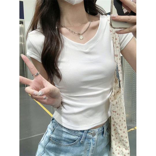 Frau V-Ausschnitt Enges Ripp T-Shirt Heidi-Mode
