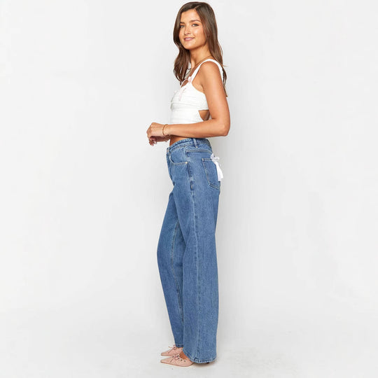 Damen Hoch taillierte Bootcut-Jeans mit weitem Bein und dehnbarer Passform Heidi-Mode