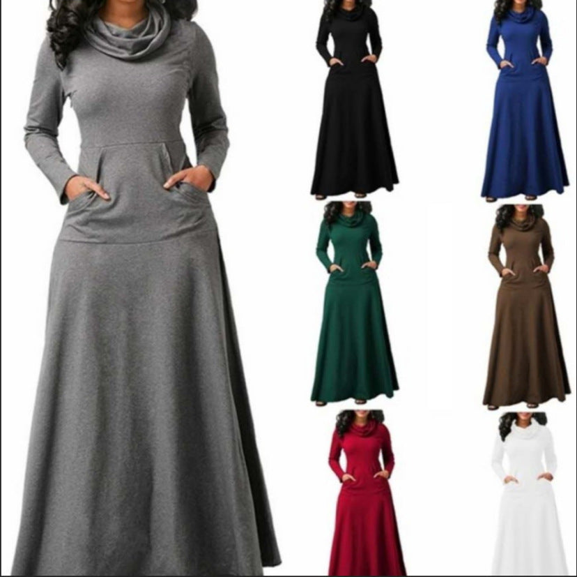 Heidi-Mode | Spliced Solid Pocket Kragen Lang Kleid