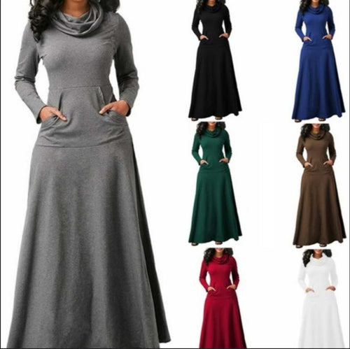 Heidi-Mode | Spliced Solid Pocket Kragen Lang Kleid