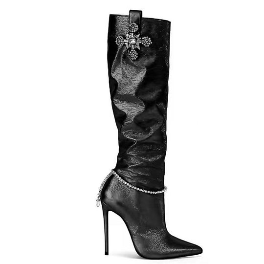 Damen Slouchy Stiletto Oberschenkelhohe Stiefel mit dekorativem Akzent Heidi-Mode