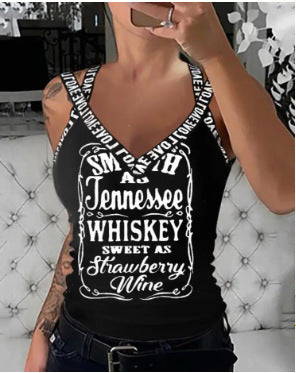 Damen ärmelloses V-Ausschnitt Top mit verspieltem Schriftzug Heidi-Mode