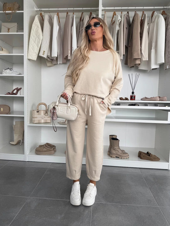 Damen elegantes Freizeit-Lounge-Set aus weicher Baumwolle mit Gummizug Heidi-Mode