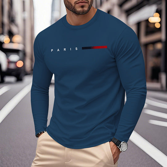 Herren Langarm T-Shirt mit modernem Paris-Druck und elastischem Saum Heidi-Mode