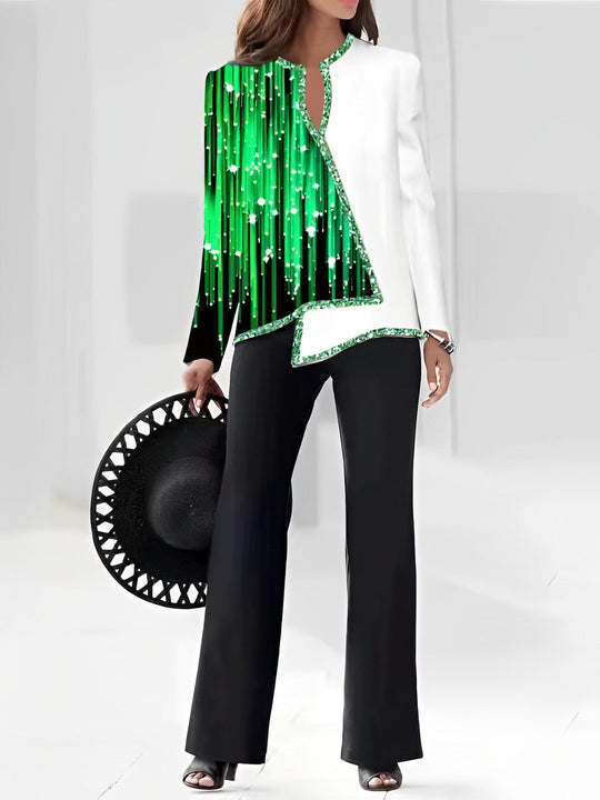 Heidi-Mode | 3D Digitaldruck V-Ausschnitt asymmetrisches Shirt- und Hosen-Set