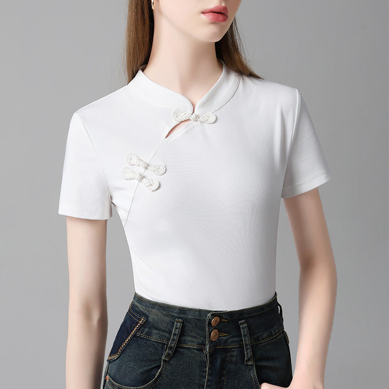 Damen T-Shirt mit elegantem Stehkragen und kunstvollen Knopfdetails Heidi-Mode