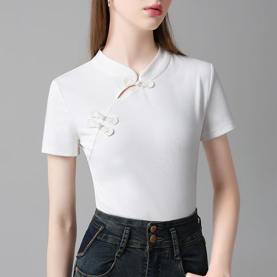 Damen T-Shirt mit elegantem Stehkragen und kunstvollen Knopfdetails Heidi-Mode