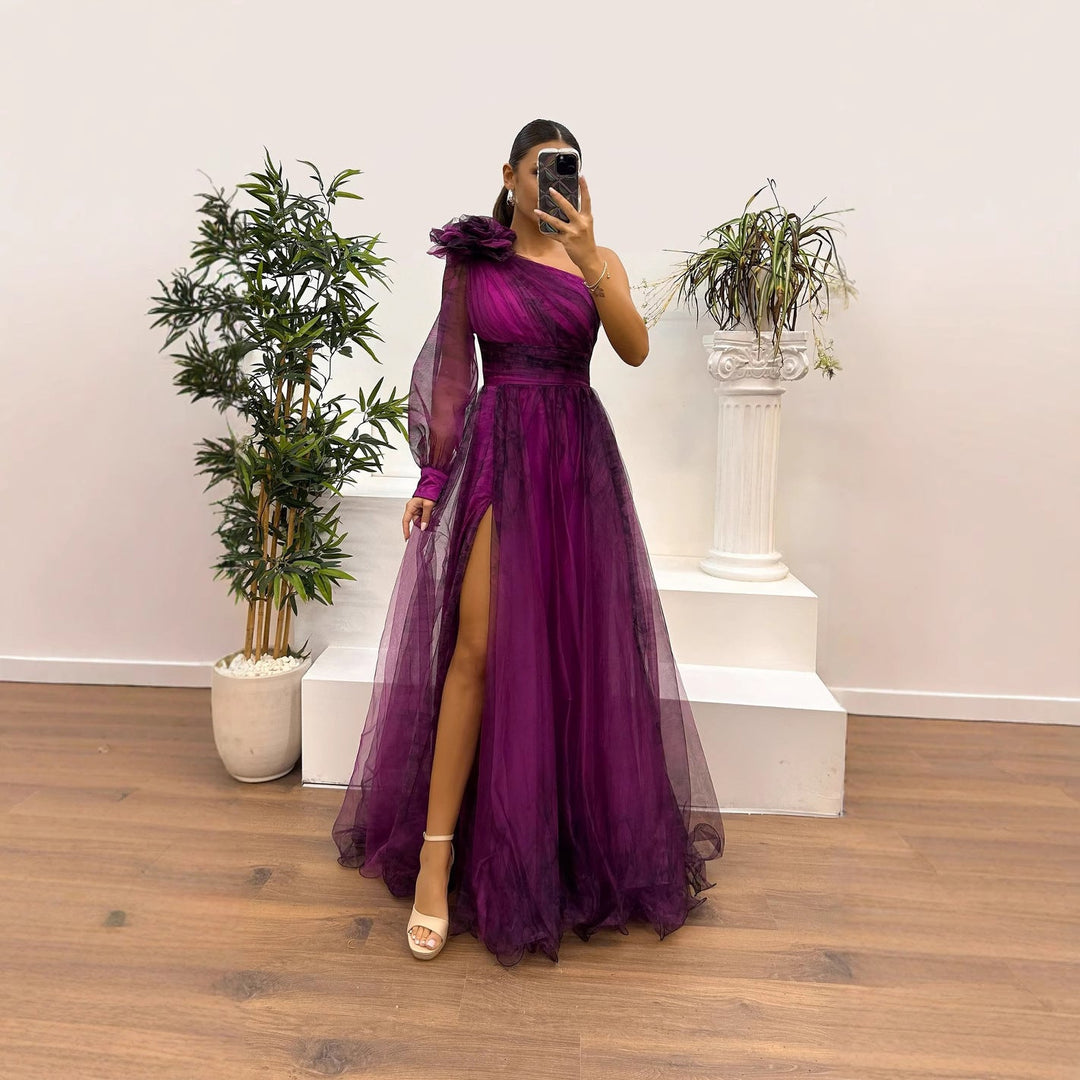 Heidi-Mode | Frühling Herbst Schräg Schulter Mesh Blumenmuster Kleid Lässig Locker Festlich Kleid