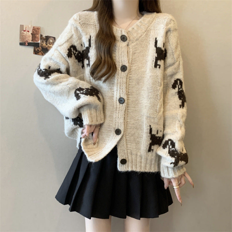 Damen Gemusterter Strickcardigan mit tierischem Motiv und bequemen Oversized-Schnitten Heidi-Mode