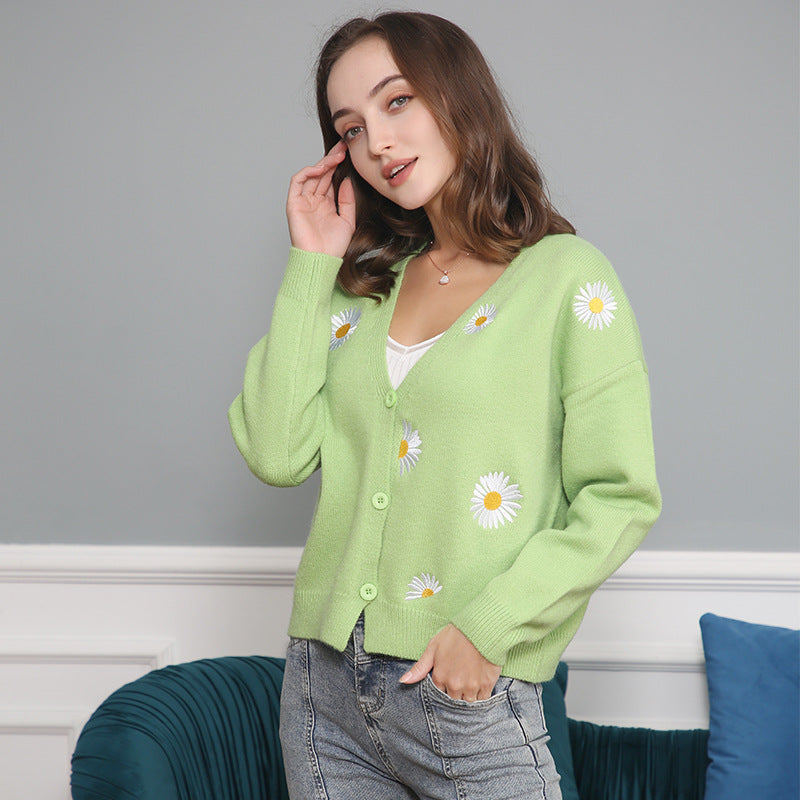 Damen Strickjacke mit floralem Muster und V-Ausschnitt Heidi-Mode