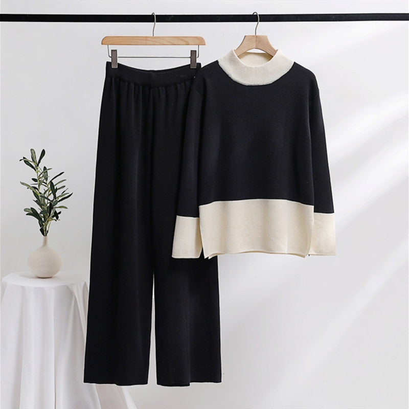Damen elegantes Strick-Loungewear-Set mit weitem Bund und dekorativem Kragen Heidi-Mode