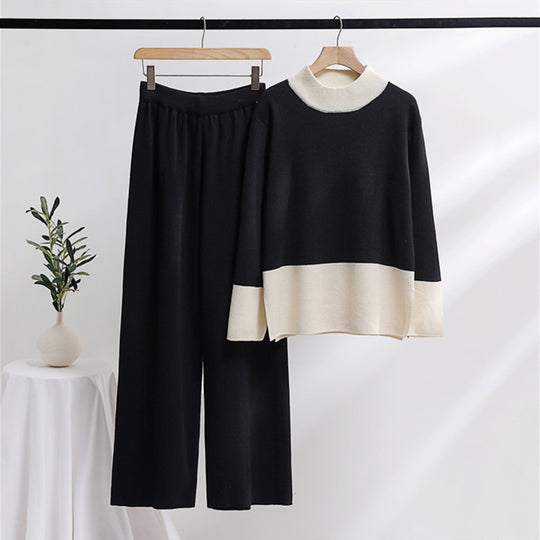 Damen elegantes Strick-Loungewear-Set mit weitem Bund und dekorativem Kragen Heidi-Mode