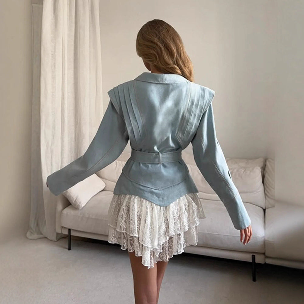 Damen blazer mit voluminösen Ärmeln und elegantem Bindegürtel Heidi-Mode