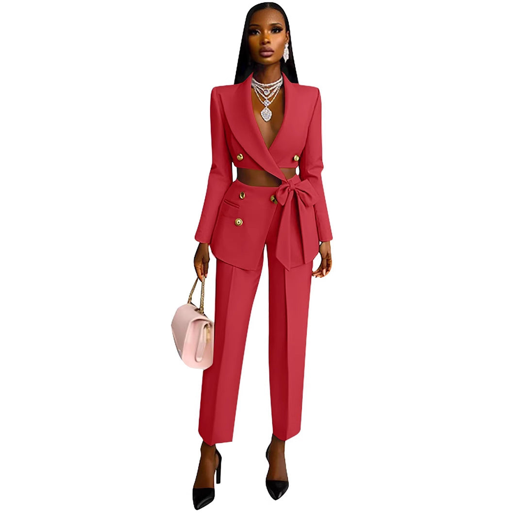 Damen Blazer Set mit hoch geschnittenem Oberteil und originellen Knöpfen Heidi-Mode