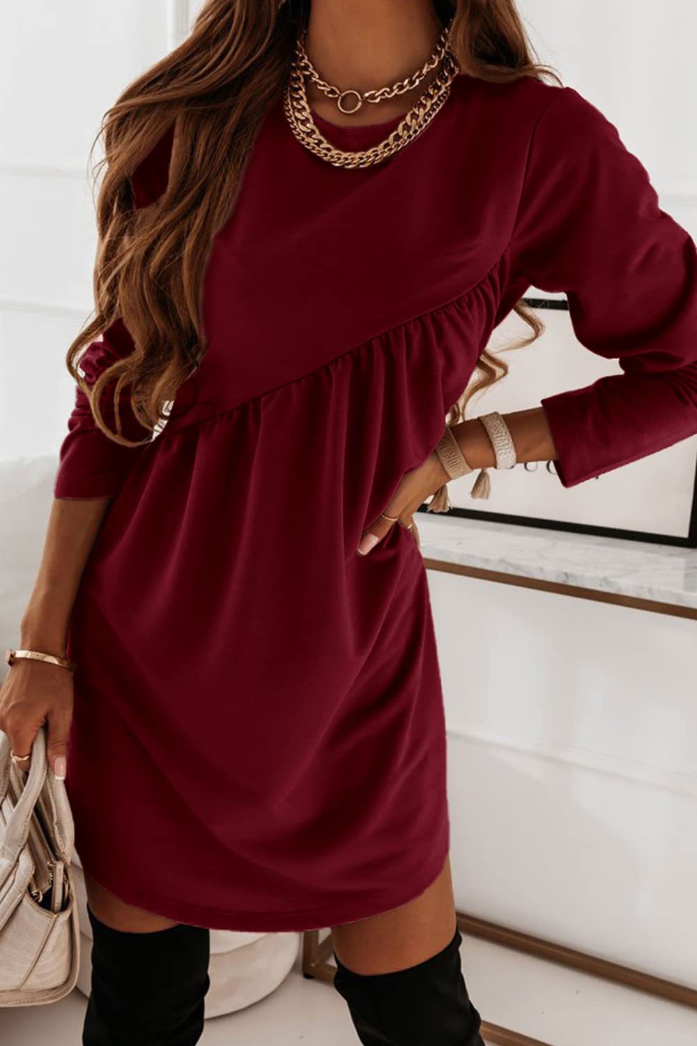 Heidi-Mode | O Hals Langarm Babydoll Tunika Kleid