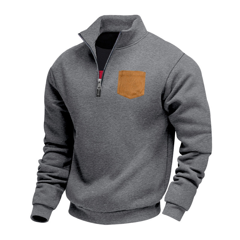 Herren Fleece-Pullover mit hohem Kragen und praktischer Brusttasche Heidi-Mode