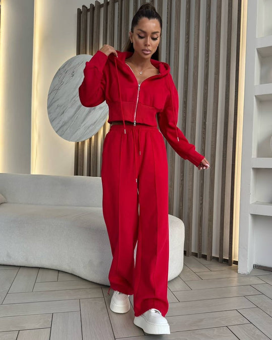 Damen modisches Zweiteiliges Sport-Loungewear-Set mit cropped Hoodie und weitem Schnitt Heidi-Mode