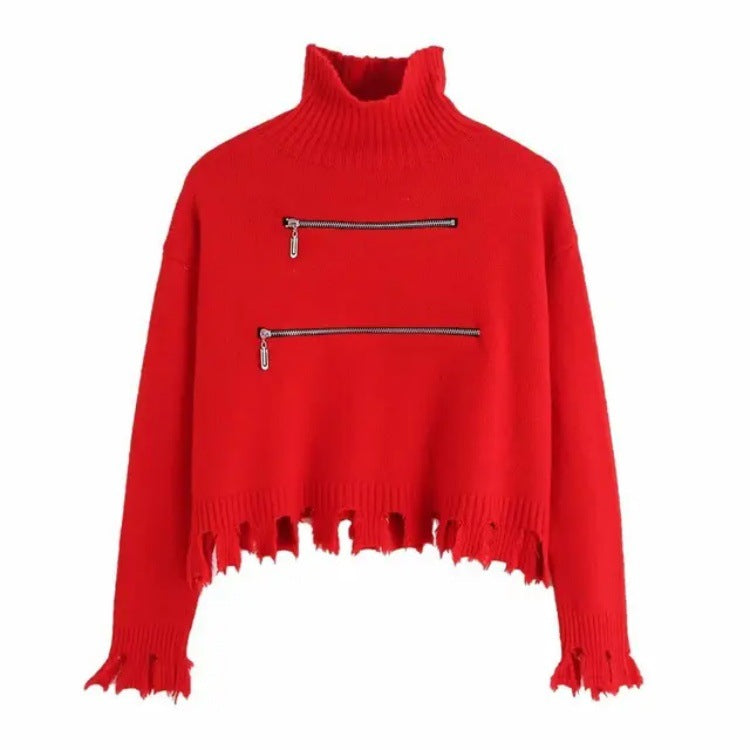 Damen stylischer Stehkragenpullover mit zwei asymmetrischen Reißverschlusstaschen und fransigem Saum Heidi-Mode