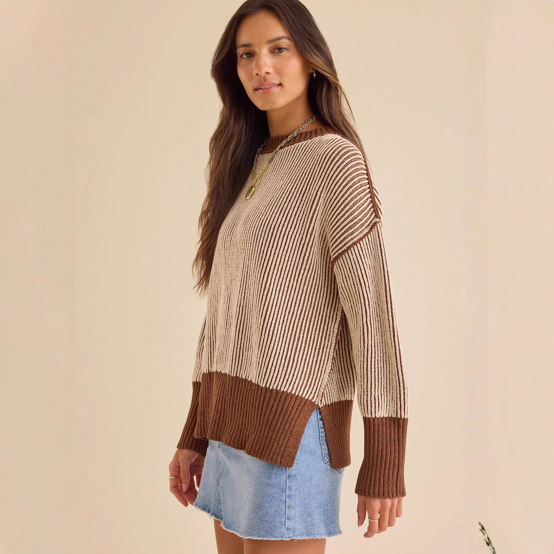 Damen lässiger Strickpullover mit modernem Rippenmuster und überschnittenen Schultern Heidi-Mode