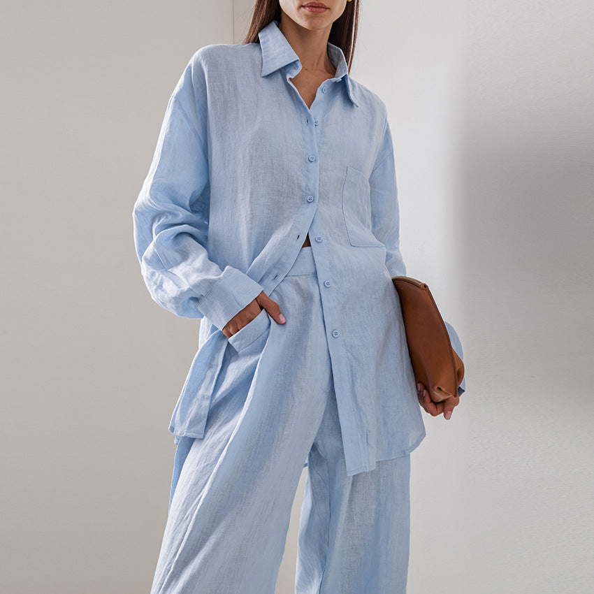 Damen luftiges Leinen-Hemd und Palazzo-Hose-Set Heidi-Mode