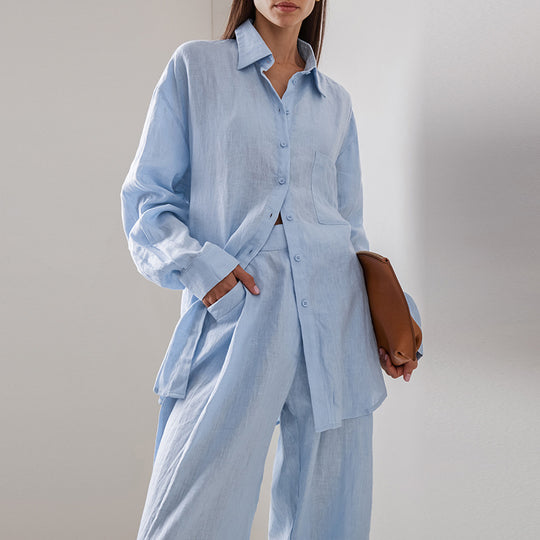 Damen luftiges Leinen-Hemd und Palazzo-Hose-Set Heidi-Mode